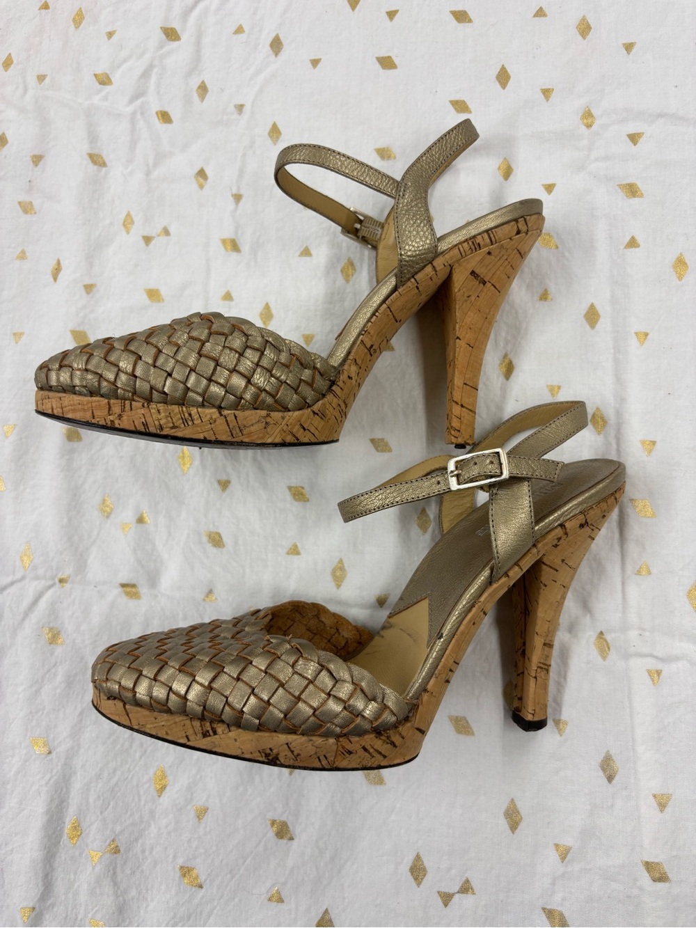 MICHAEL Michael Kors Woven Metallic Gold Cork High-Heel Sandals